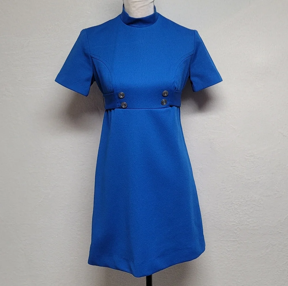 Barby Jr Vintage 60s Royal Blue Mockneck Tie-Waist Button Micro Mini Dress M - Picture 2 of 11